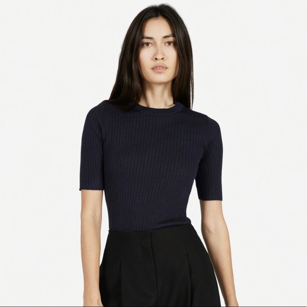 Everlane Ribbed Wool Mod-Sleeve Sweater - Navy